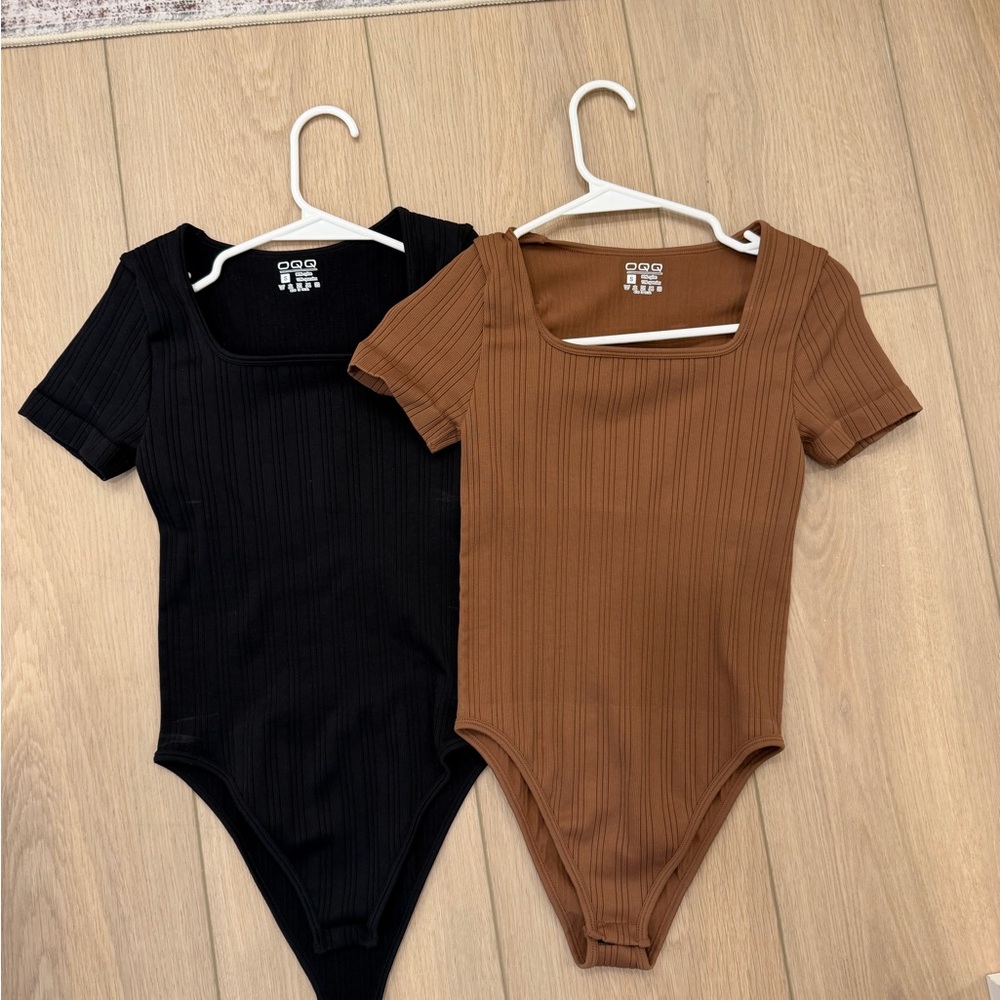Set of 2 Ribbed Square-Neck OQQ Bodysuits - Black & Brown